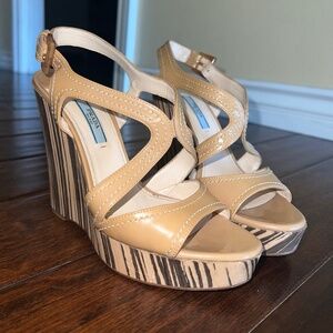 Prada Milano Nude Patent Leather Slingback Wedge Heels